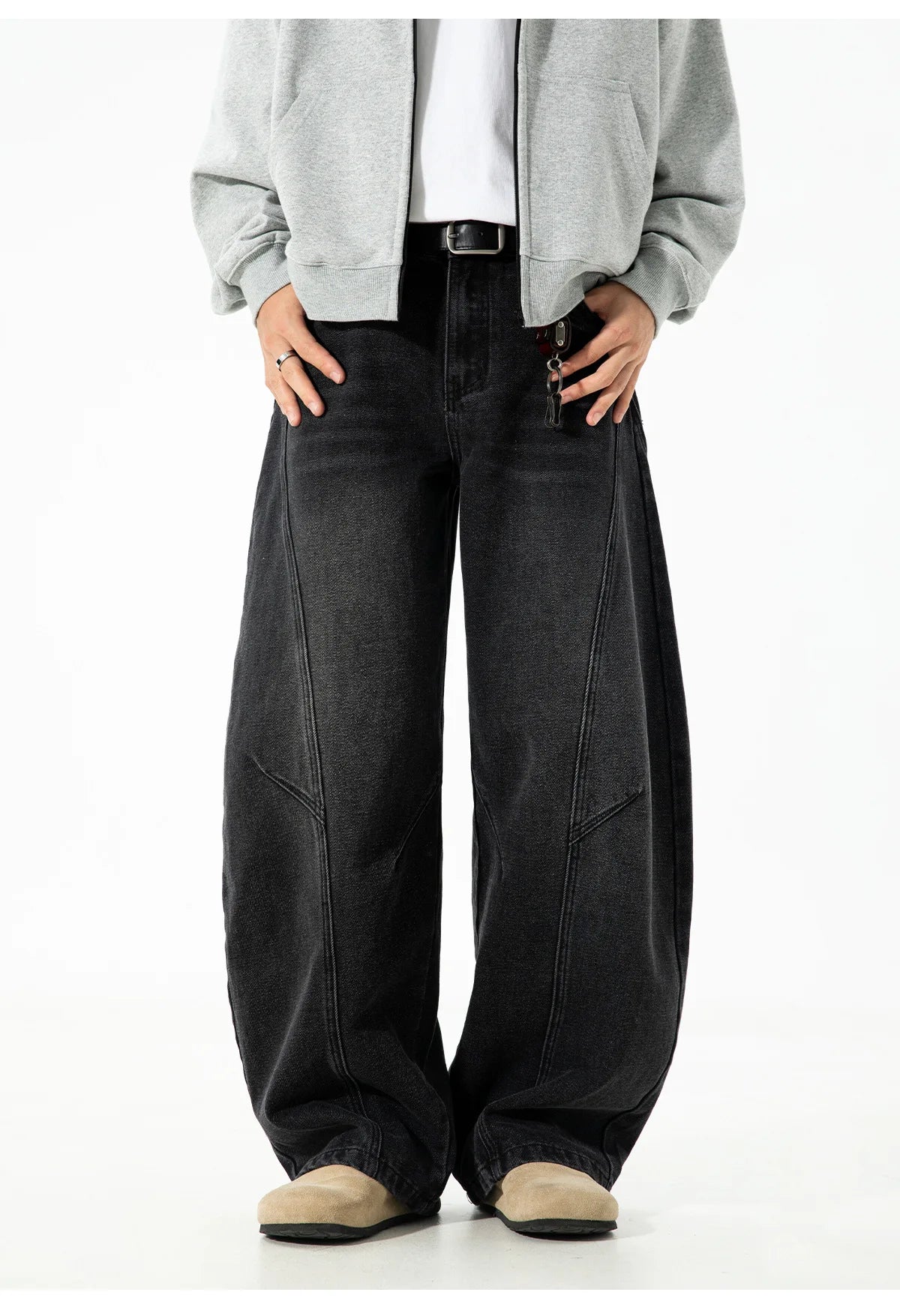 VOIDWEAR VDR_VANISH_SPLIT ☰ curved split distressed jeans, light wash, loose streetwear silhouette, coded glyph tab