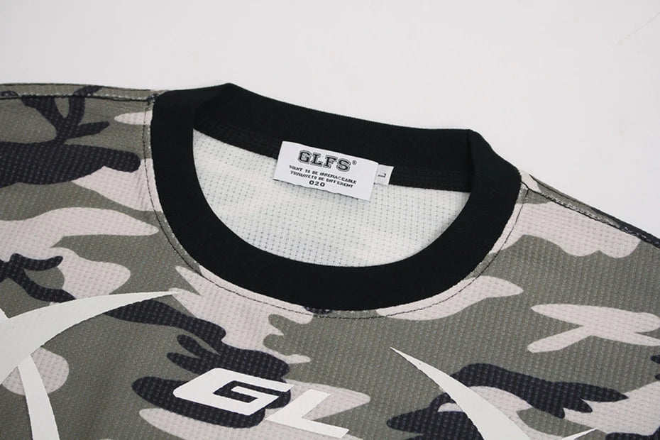 VOIDWEAR oversized camo tee with glyph and vanish-mode hood, 100% cotton, streetwear long sleeve