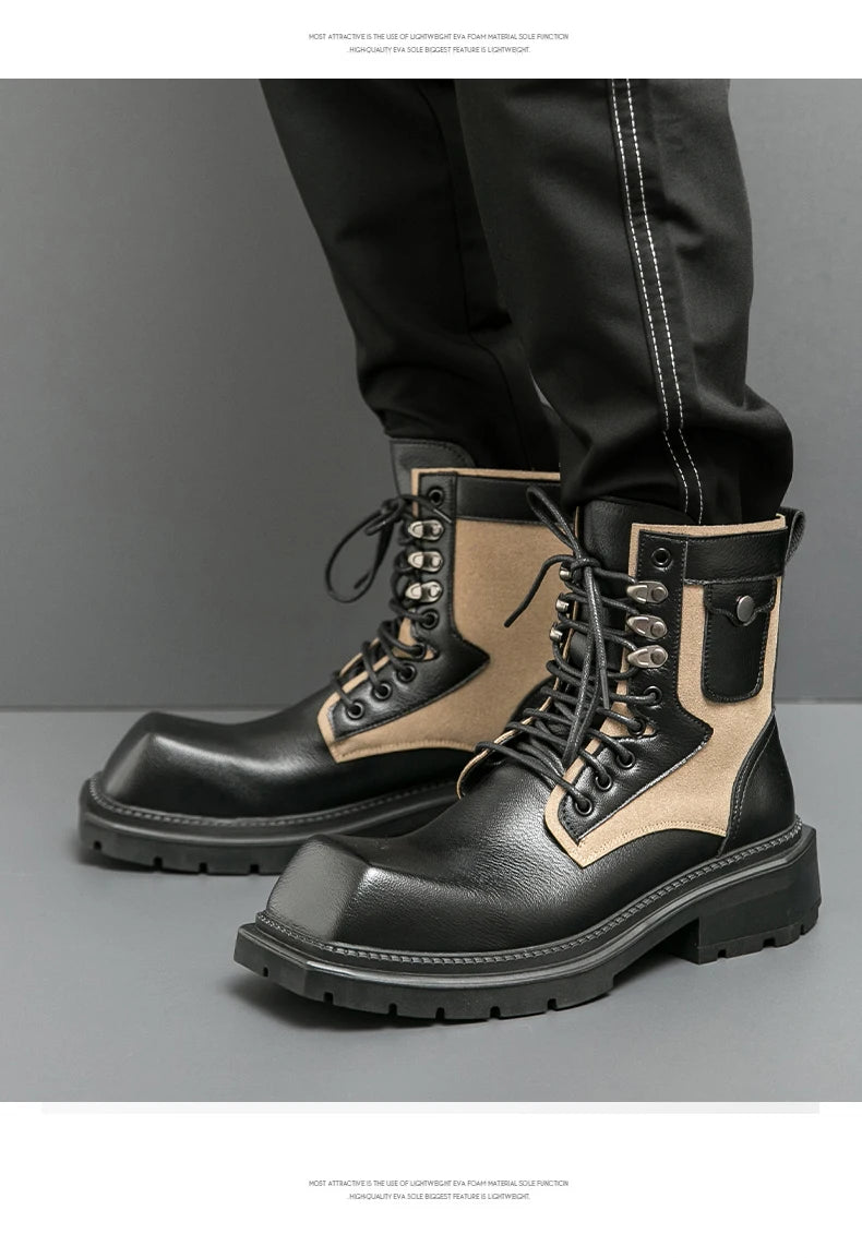 VDR_VANISH_05 punk motorcycle mid-calf boots in brown-black PU leather, styled for U.S. and EU urban streetwear