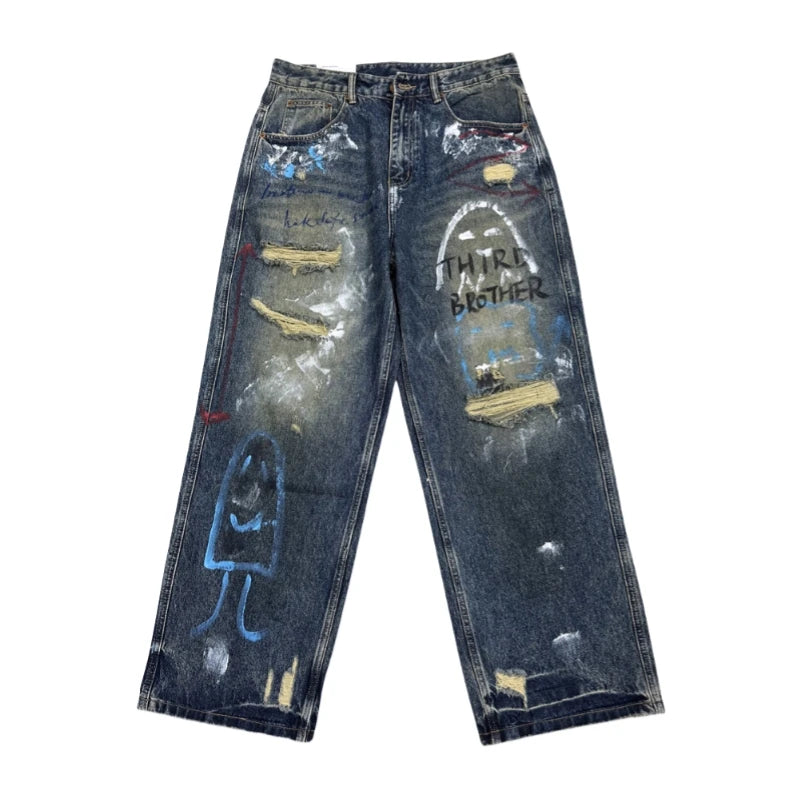 VOIDWEAR VDR_VANISH_05 ☰ graffiti baggy jeans, distressed wash, hand-drawn glyph motifs, loose straight-leg streetwear denim