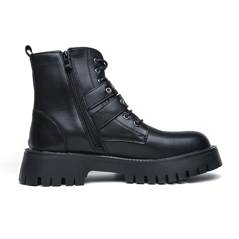 Black leather boot with a thick sole on a white background. VOIDWEAR SIGNAL_VANISH_07 ☰ Shadow Strider Boots, split leather with EVA sole, winter streetwear for men