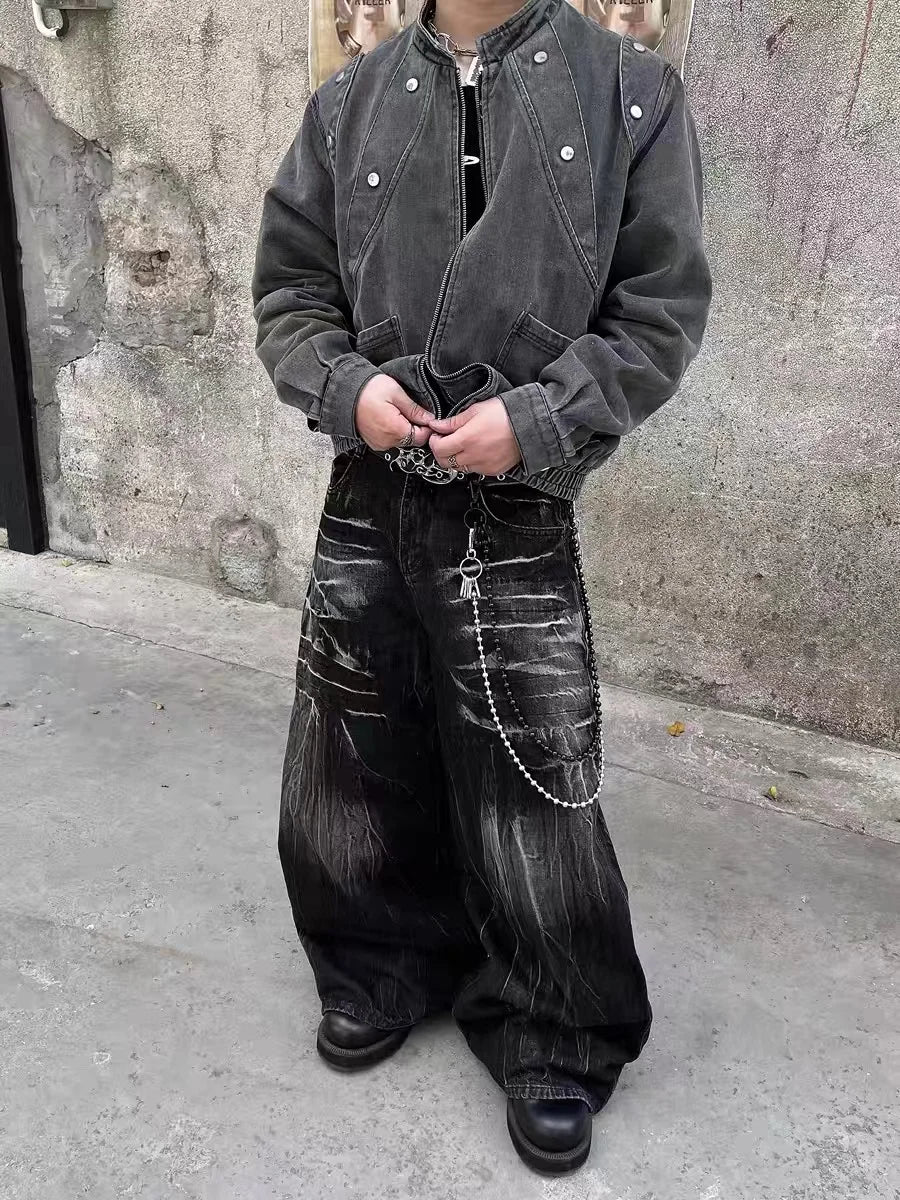 VOIDWEAR SIGNAL_STORM_11 ☰ black lightning jeans shown in Los Angeles alleyway — washed denim texture and storm pattern visible under sunlight.
