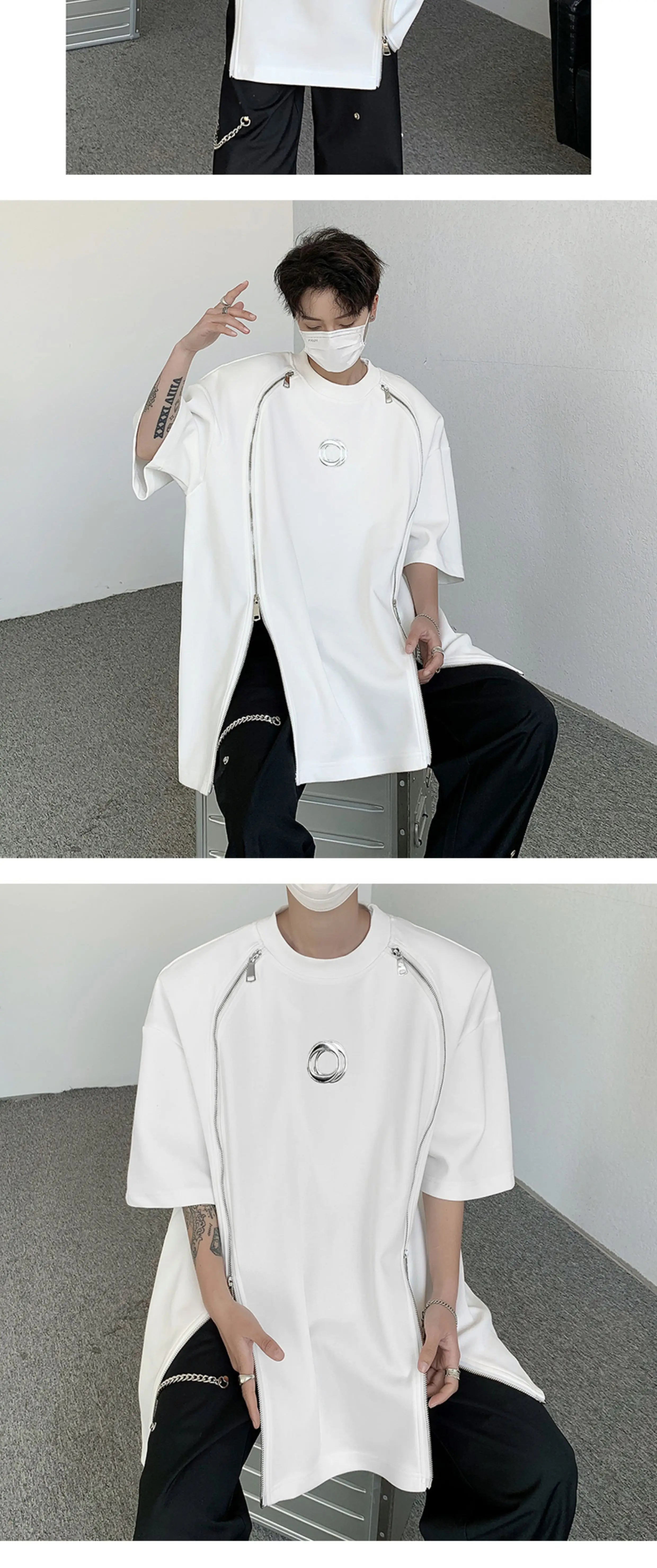 VOIDWEAR SIGNAL_07 padded shoulder oversized tee, double zipper streetwear, ritual-coded glyph sleeve