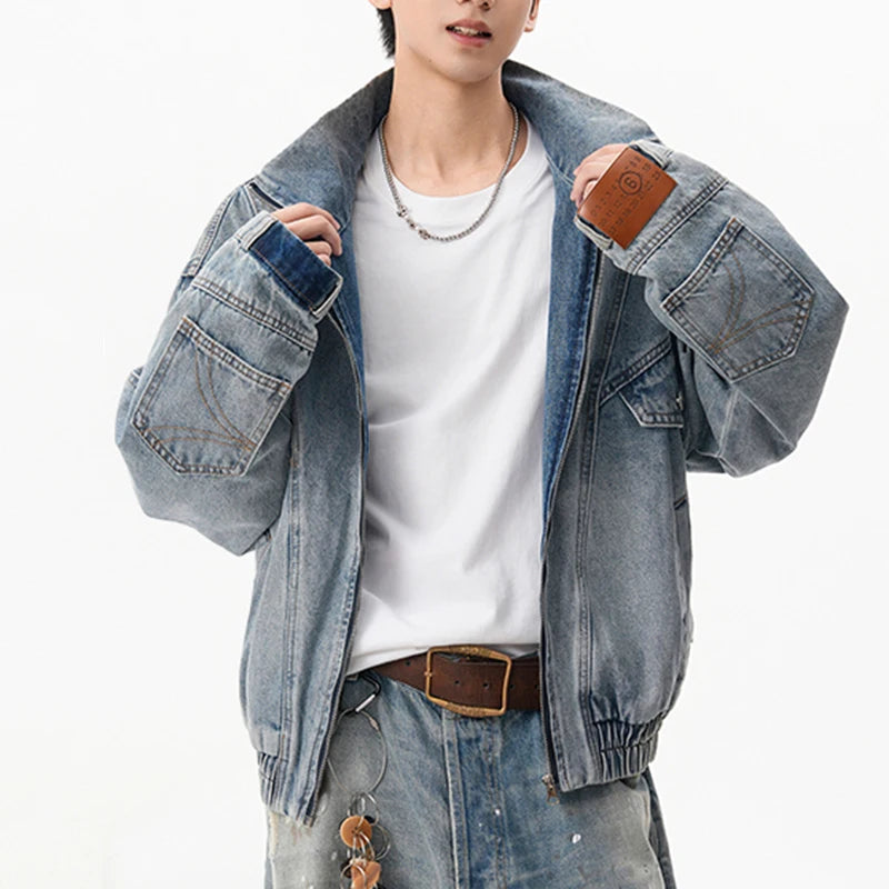 VOIDWEAR VDR_SIGNAL_07 denim jacket washed vintage deconstructed stand collar, men’s autumn winter streetwear USA EU