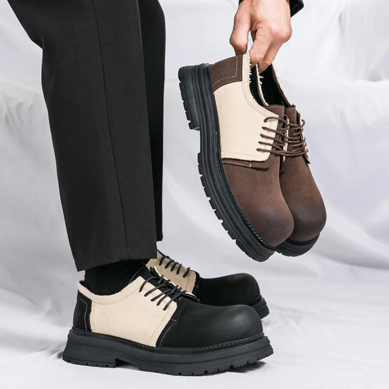 Pair of brown and black shoes with a person holding one shoe against a white background. VOIDWEAR SIGNAL_VANISH_06 ☰ Derby System Shoes in Oxford fabric with PU lining and rubber outsole, ritual-inspired hybrid streetwear footwear