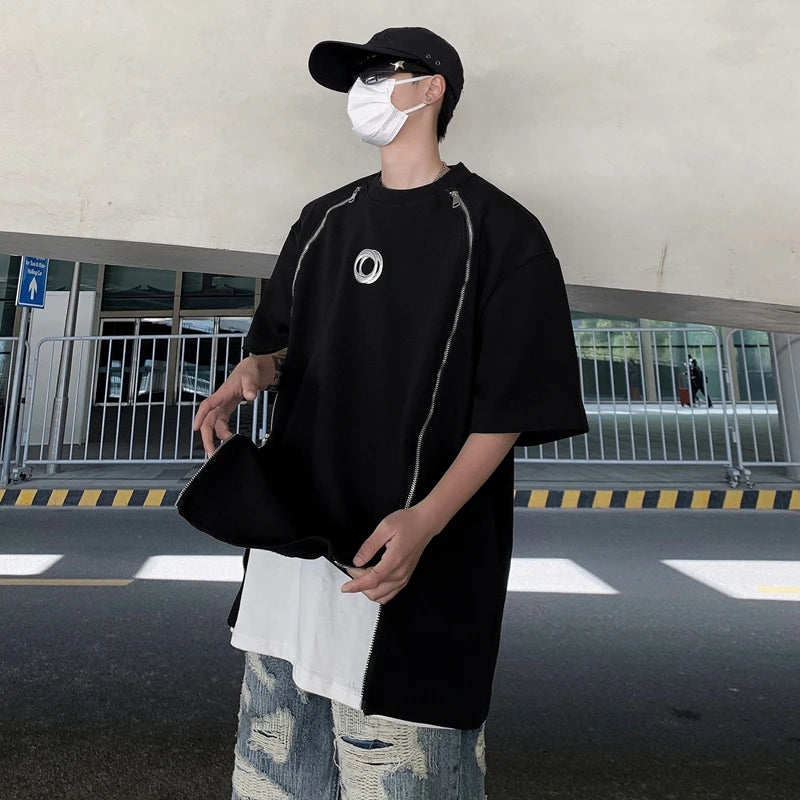 VOIDWEAR SIGNAL_07 padded shoulder oversized tee, double zipper streetwear, ritual-coded glyph sleeve