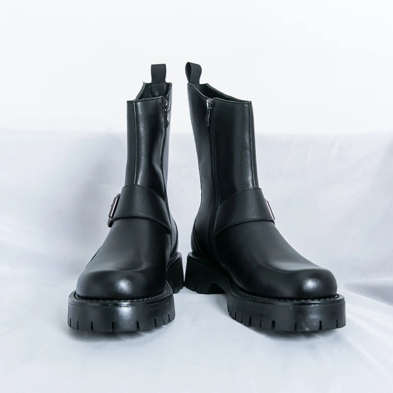 VDR_LEISURE_1035 ∆ men’s handcrafted split leather casual ankle boots, breathable mesh, spring/autumn urban wear, U.S. + EU SEO optimized. Pair of black leather boots on a white background