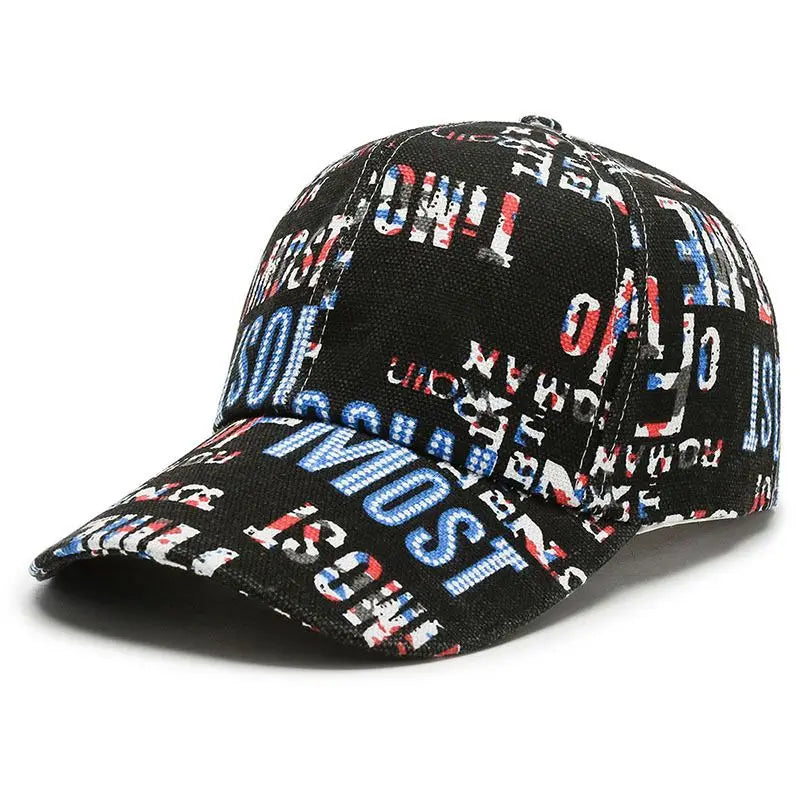 VOIDWEAR Ritual-Inspired Streetwear. Black cap with colorful text pattern on a white background