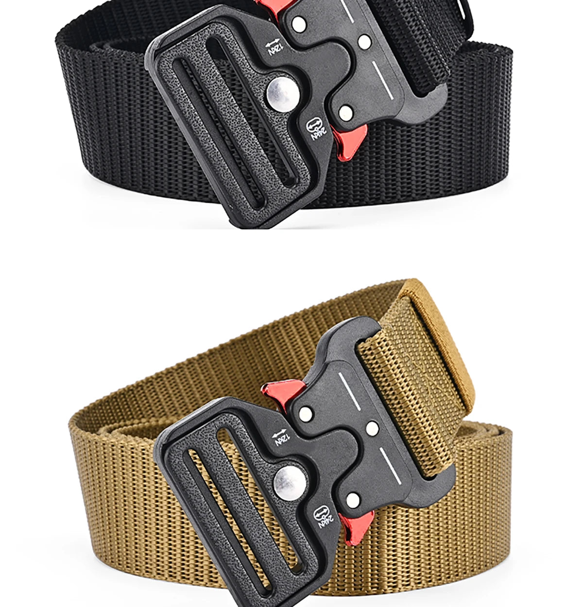 Black and brown tactical belts with quick-release buckles on a white background. Polyester-canvas street belt with motion-phase buckle and vanish-glyph edge design, built for urban and tactical versatility