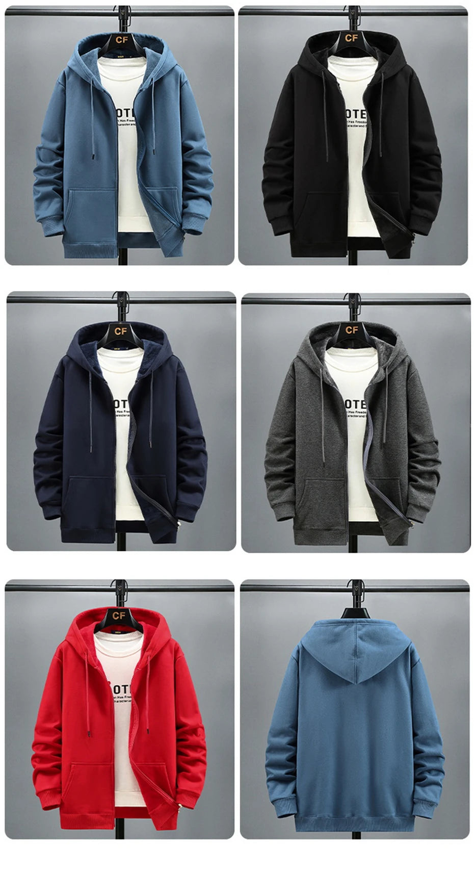 Collection of hoodies in various colors on hangers against a gray . background. OIDWEAR SHADOW_SYSTEM_07 ☰ full-zip hoodie shown worn in a concrete alleyway in winter, highlighting the oversized fit and fleece material.