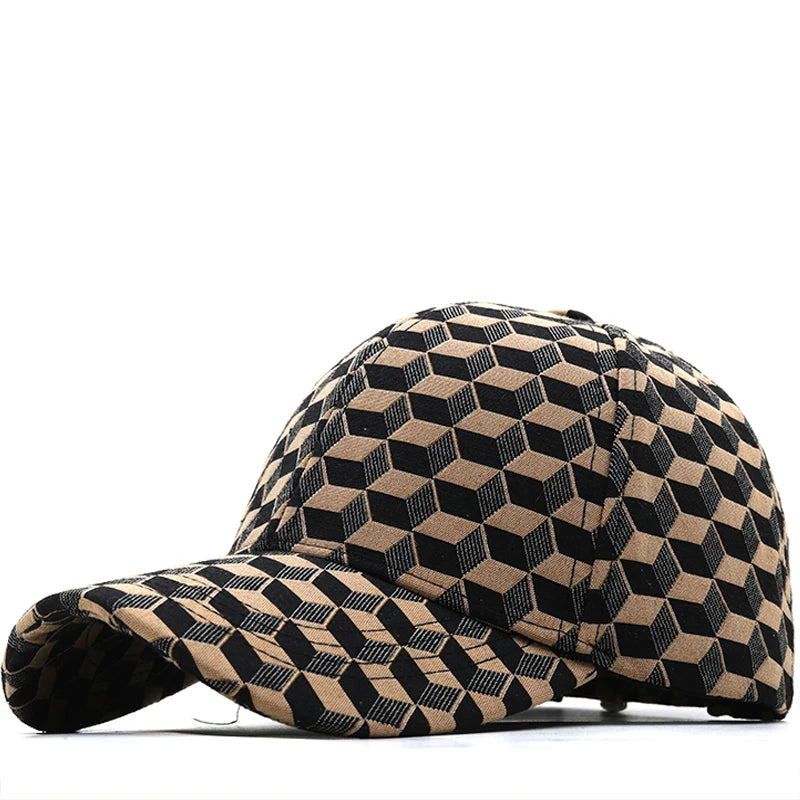 VOIDWEAR SIGNAL_CAP_11 ☰ washed cotton streetwear baseball cap with embroidered glyph and adjustable strap, unisex ritual-inspired headwear. Black and beige checkered cap on a white background