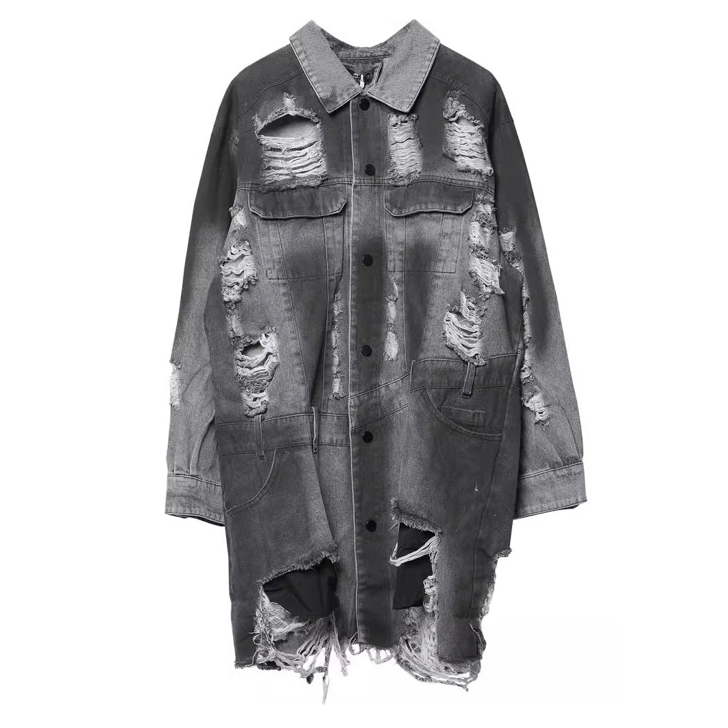 VOIDWEAR VDR_SIGNAL_07 Ritual Jacket — distressed long denim coat with ripped holes, glyph detailing, and loose high-street fit.