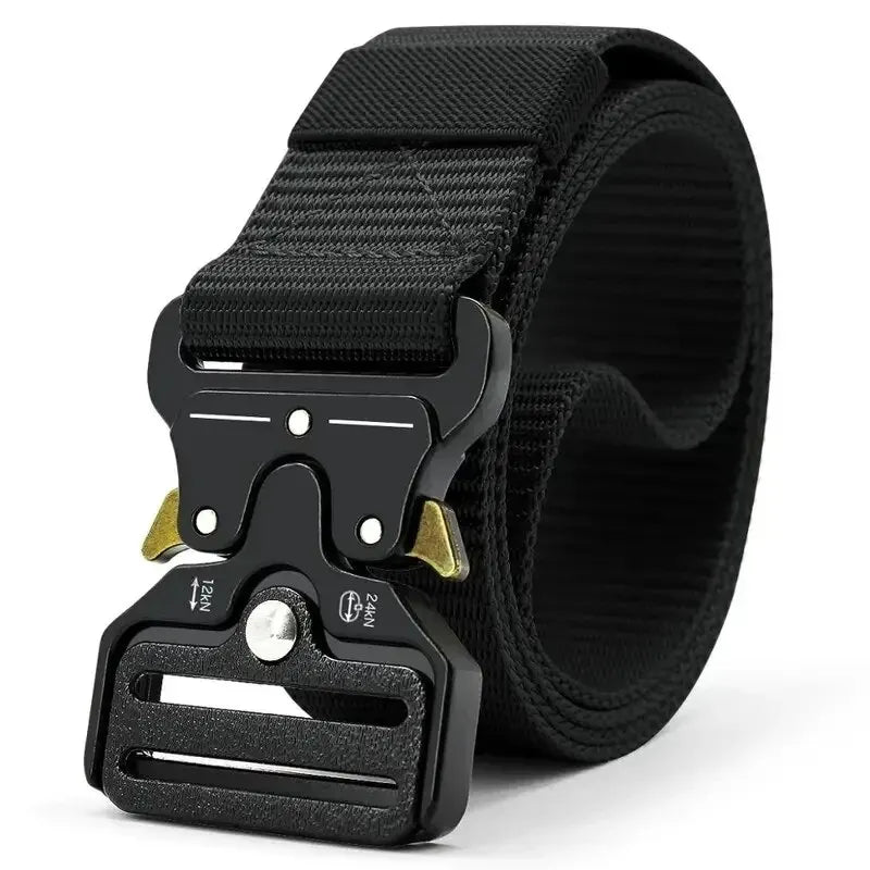 Black tactical belt with a buckle on a white background. VDR_ Polyester-canvas street belt with motion-phase buckle and vanish-glyph edge design, built for urban and tactical versatility