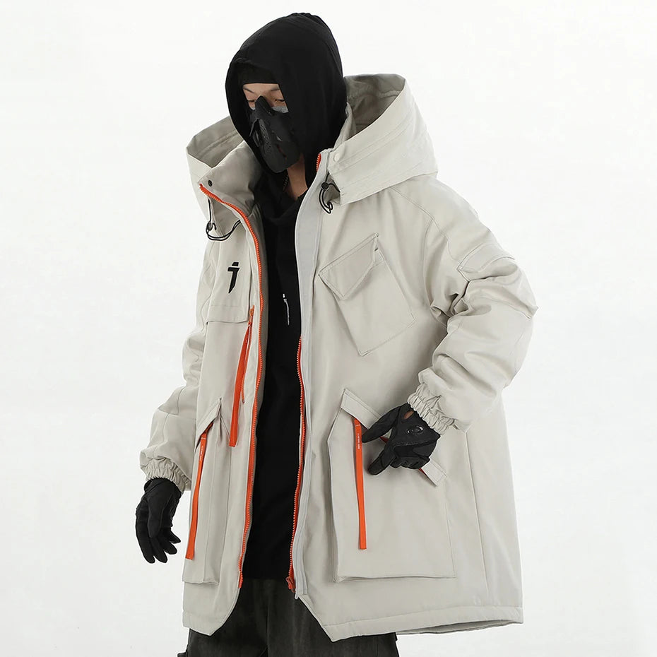 BEIGE VOIDWEAR VANISH_OPS_07 oversized hooded tactical parka with thermal fill and multi-pocket design for winter streetwear in urban and outdoor settings