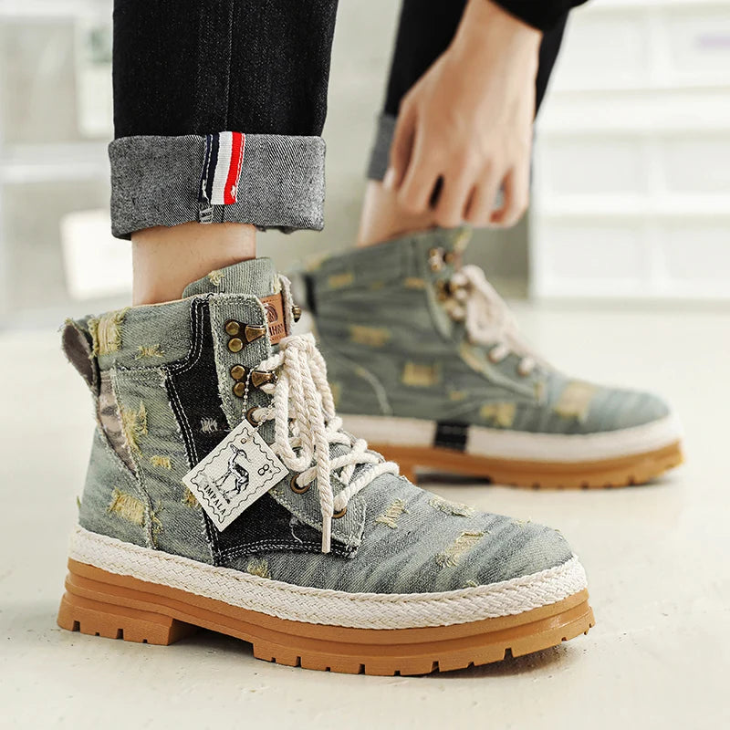 VOIDWEAR SIGNAL_VANISH_07 ☰ men’s black denim and leather ankle boots with lace-up closure, ankle strap, and ritual-inspired streetwear design