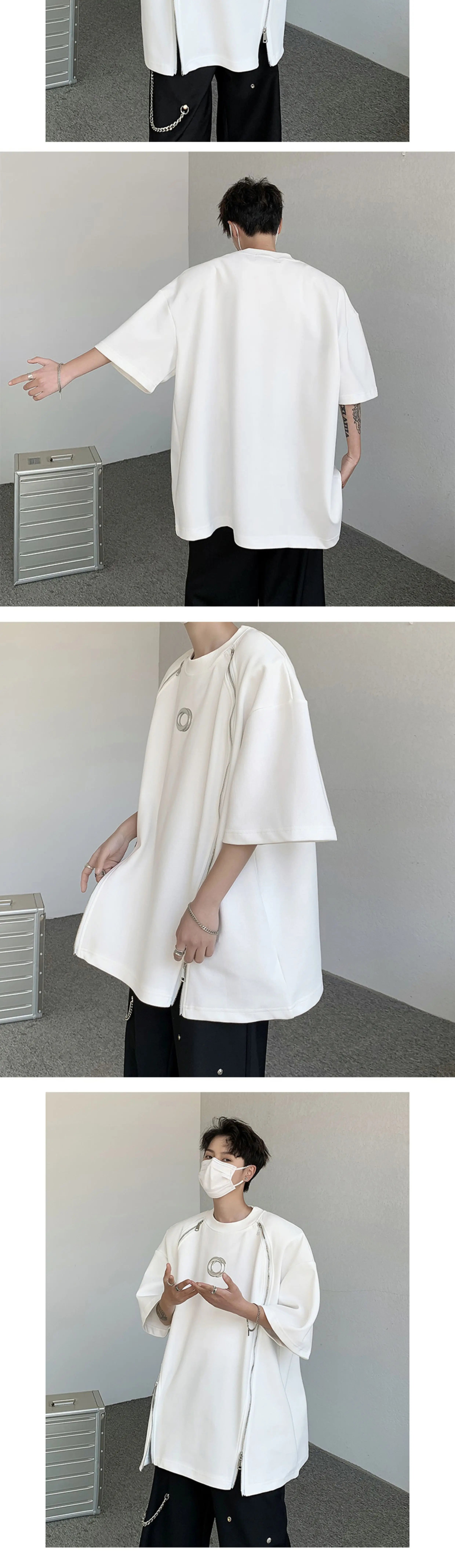 VOIDWEAR SIGNAL_07 padded shoulder oversized tee, double zipper streetwear, ritual-coded glyph sleeve
