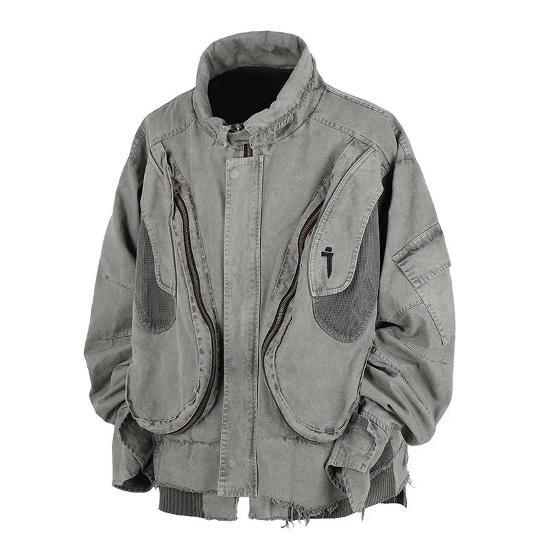 VOIDWEAR VDR_SHDW_07 washed flight jacket in dark punk style with ritual-inspired glyph details for spring/autumn streetwear. Gray jacket with multiple pockets on a white background