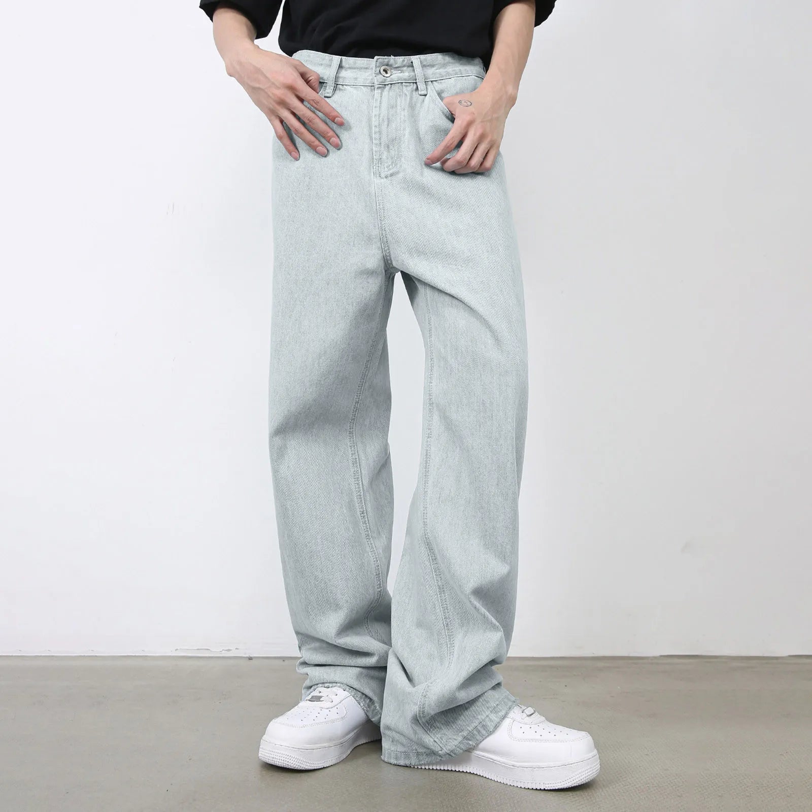 VOIDWEAR VDR_VANISH_01 ☰ hybrid overalls-style baggy jeans, distressed light denim, glyph tab signal detailing, streetwear silhouette