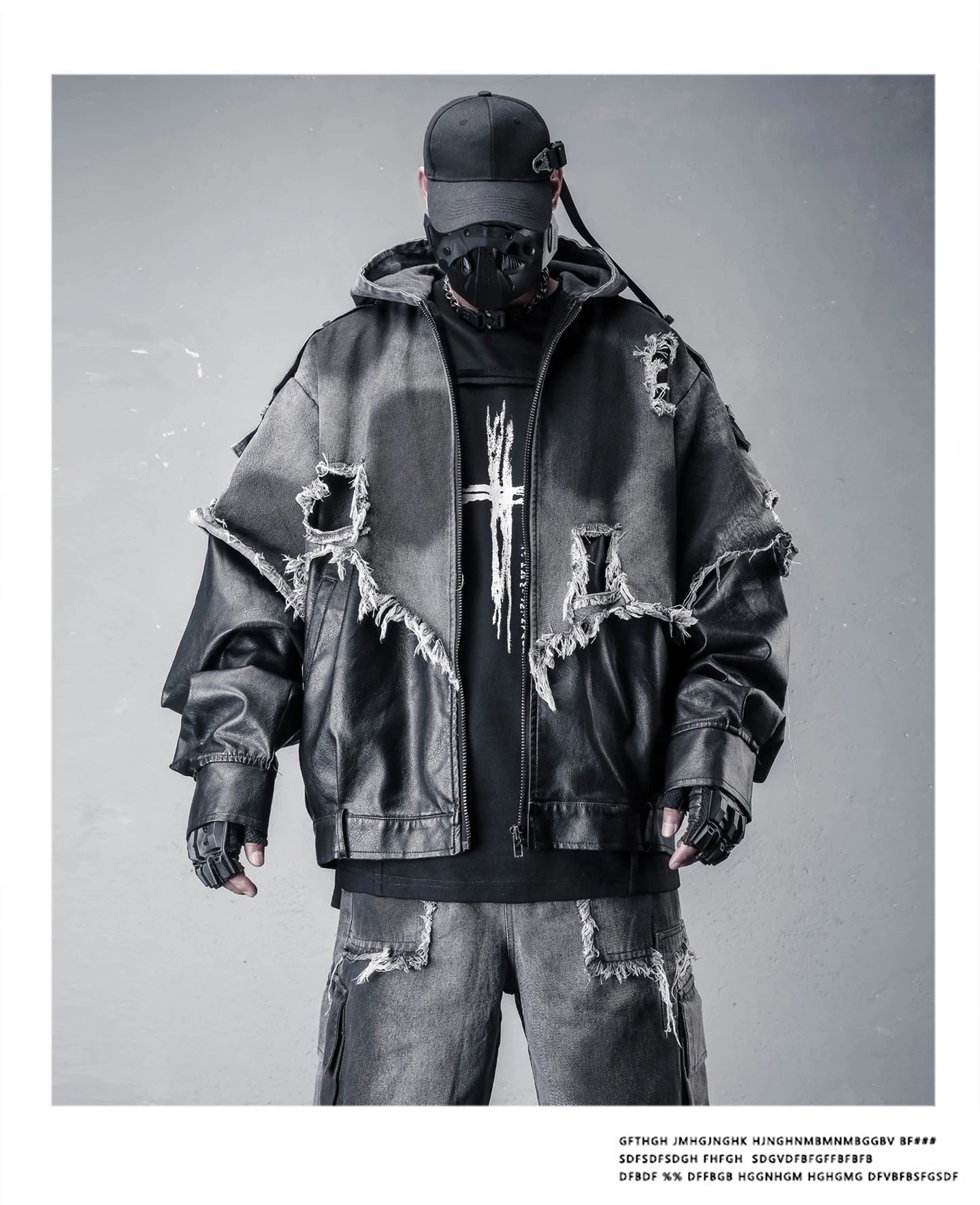 VOIDWEAR VDR_VANISH_05 jacket — ritual-inspired denim and PU leather techwear with vanish-mode hood and shadow-motion design