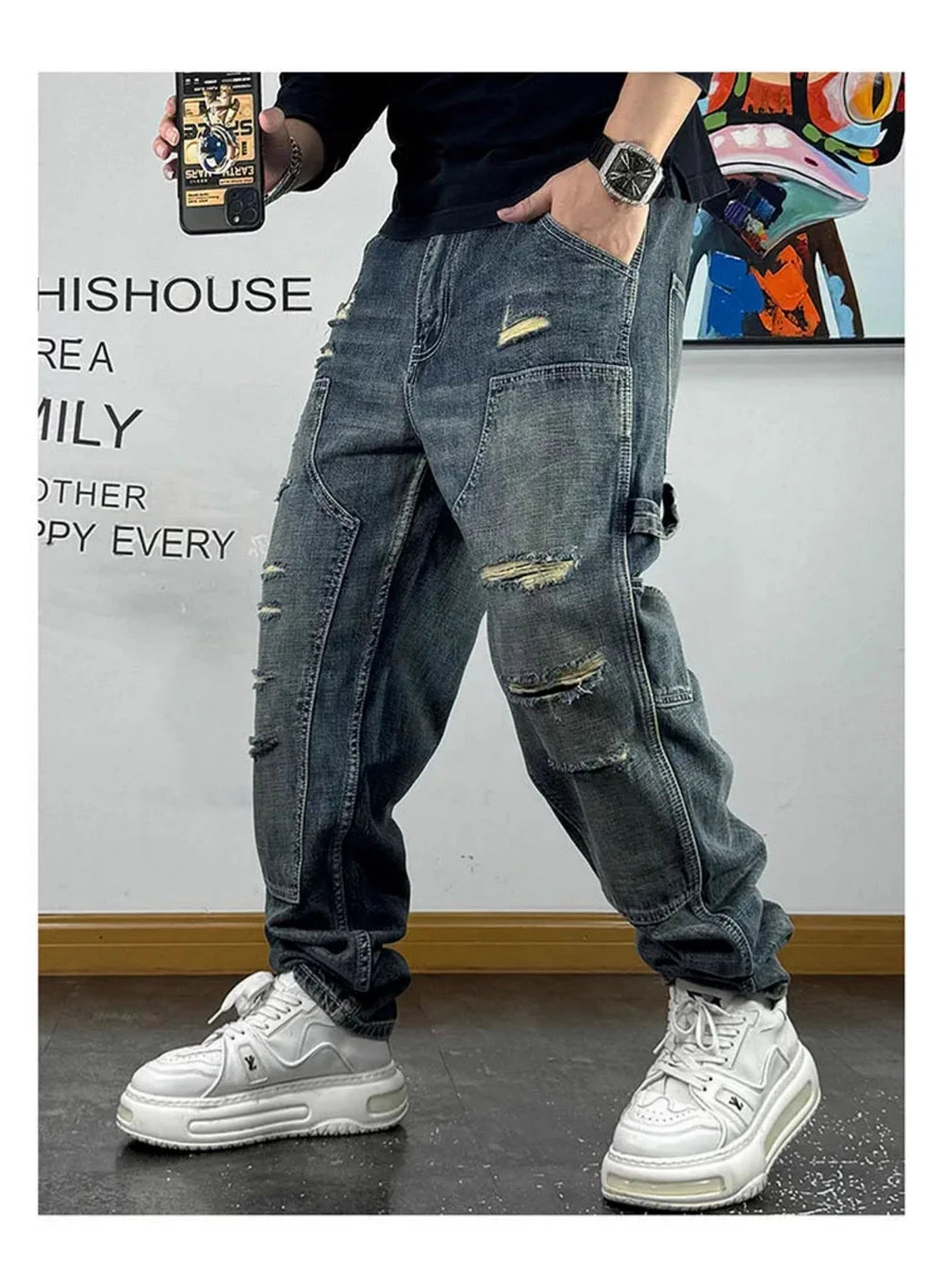 VOIDWEAR VDR_VANISH_05 ☰ ripped patch cargo jeans, distressed midweight denim, loose streetwear silhouette, glyph embroidery