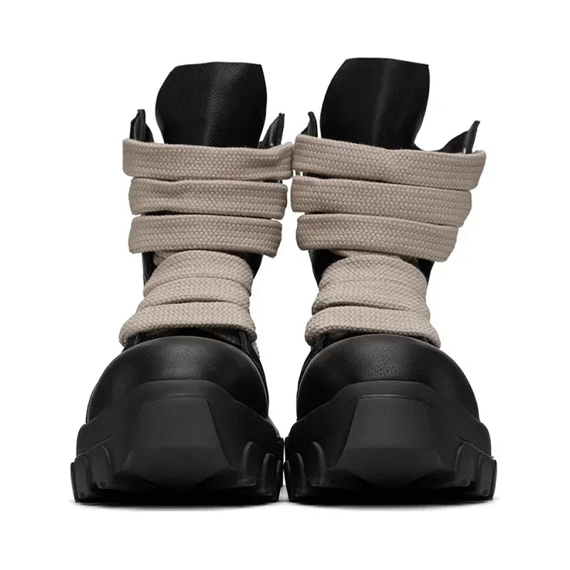 VOIDWEAR VDR_SHADOW_07 ⚑ men’s high-top leather platform boots with chunky sole, handmade in genuine black cow leather for streetwear and techwear style. Black shoes with beige shoelaces on a white background