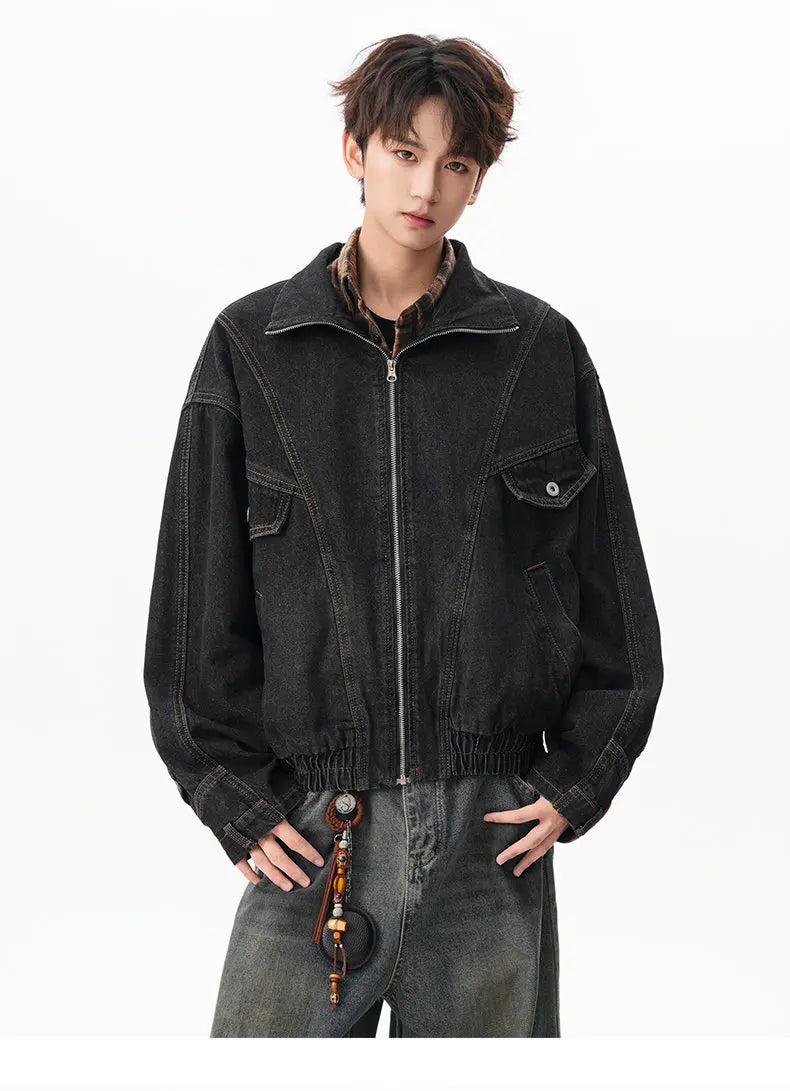 VOIDWEAR VDR_SIGNAL_07 denim jacket washed vintage deconstructed stand collar, men’s autumn winter streetwear USA EU