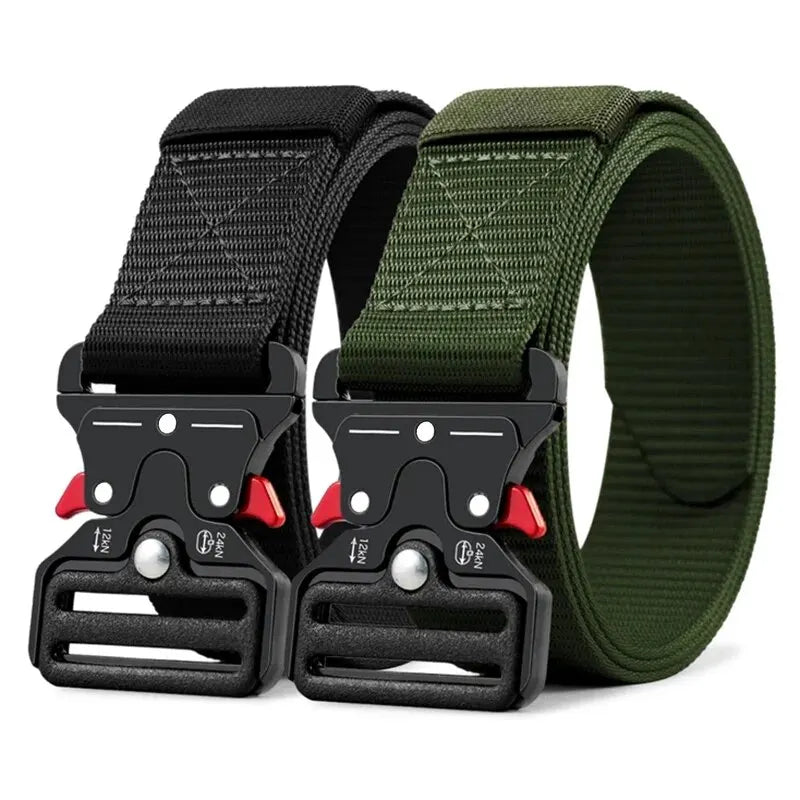 Two belts, one black and one green, with black buckles on a white background. Polyester-canvas street belt with motion-phase buckle and vanish-glyph edge design, built for urban and tactical versatility