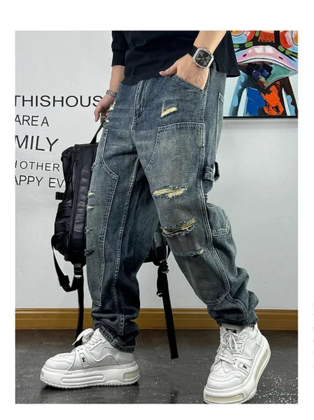 VOIDWEAR VDR_VANISH_05 ☰ ripped patch cargo jeans, distressed midweight denim, loose streetwear silhouette, glyph embroidery
