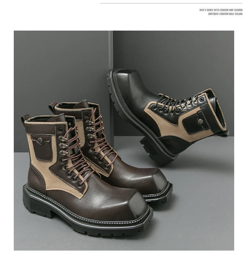 VDR_VANISH_05 punk motorcycle mid-calf boots in brown-black PU leather, styled for U.S. and EU urban streetwear