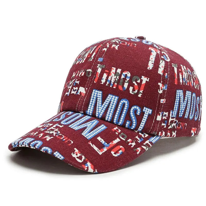 VOIDWEAR Ritual-Inspired Streetwear. Maroon baseball cap with multicolor text pattern on a white background