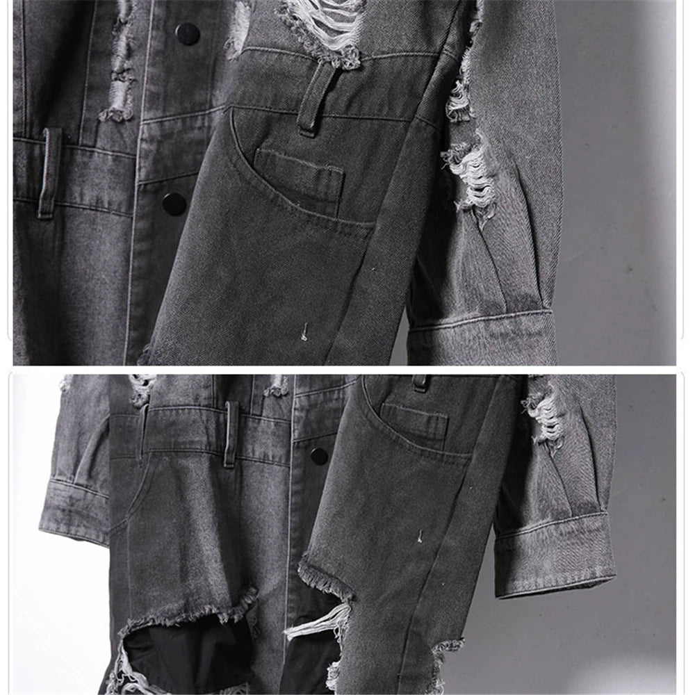 VOIDWEAR VDR_SIGNAL_07 Ritual Jacket — distressed long denim coat with ripped holes, glyph detailing, and loose high-street fit.