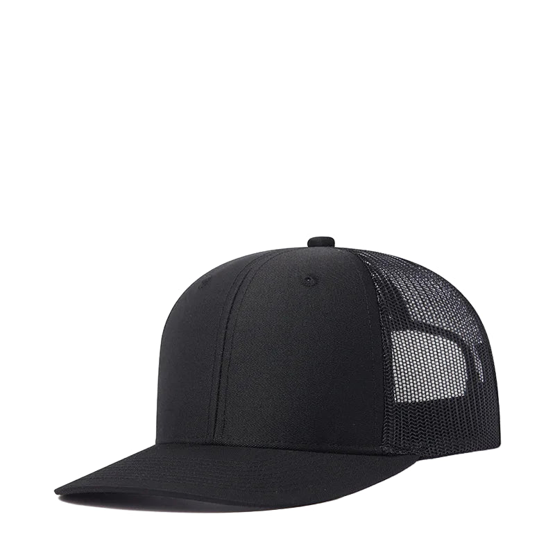Unisex camouflage cotton dome cap with wide brim and adjustable strap, vanish-core streetwear hat by VOIDWEAR. Black trucker cap with mesh back on a white background
