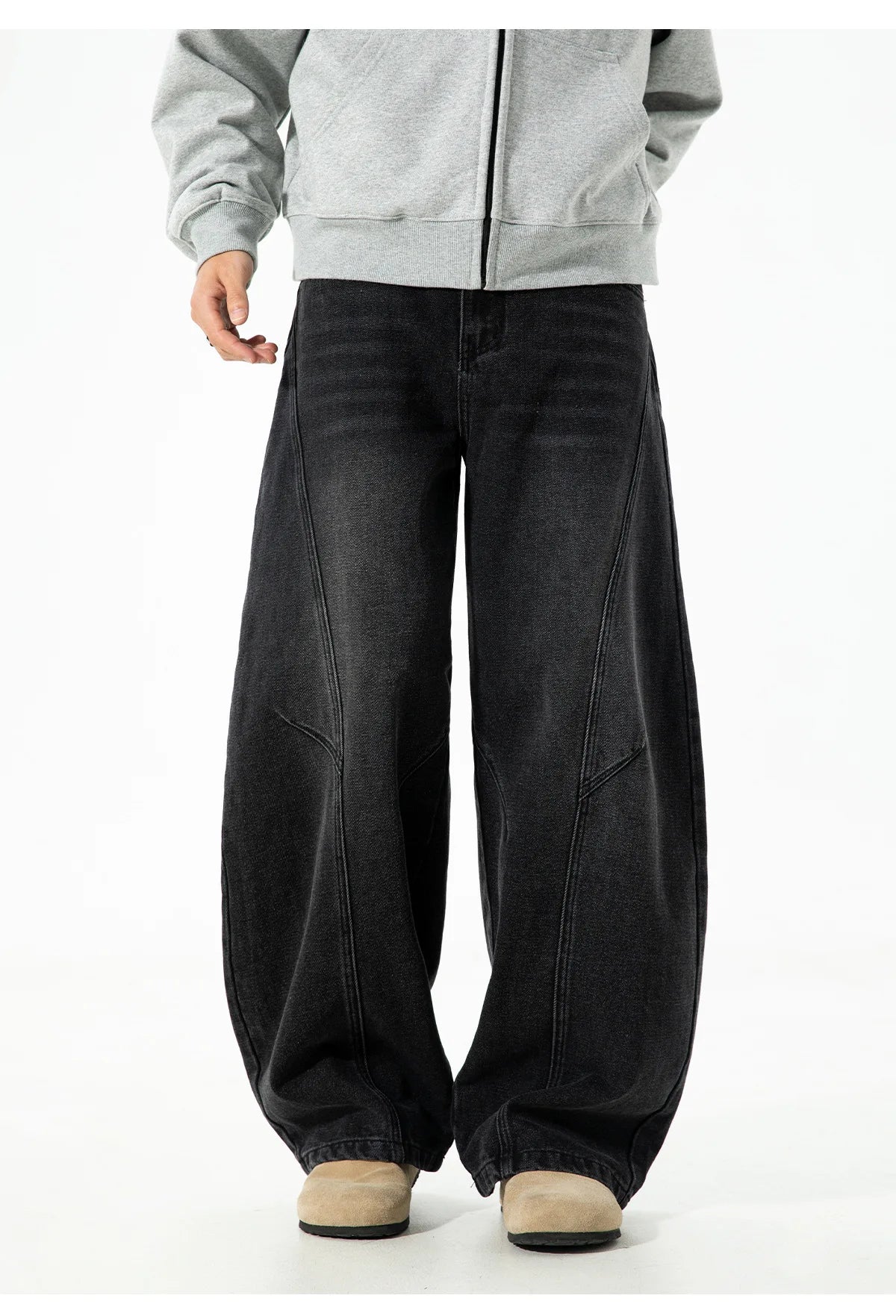 VOIDWEAR VDR_VANISH_SPLIT ☰ curved split distressed jeans, light wash, loose streetwear silhouette, coded glyph tab