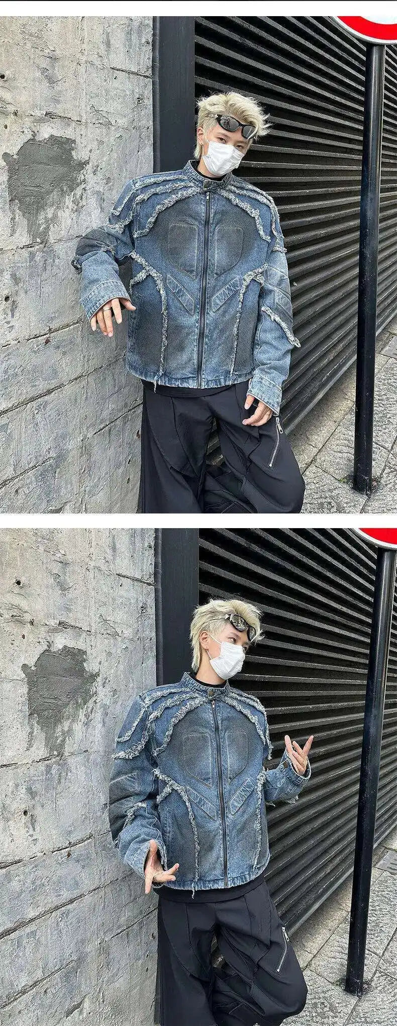 VOIDWEAR VDR//VANISH_05 denim motorcycle jacket with tassel shoulders and ritual glyph embroidery, styled for U.S. and EU streetwear culture.