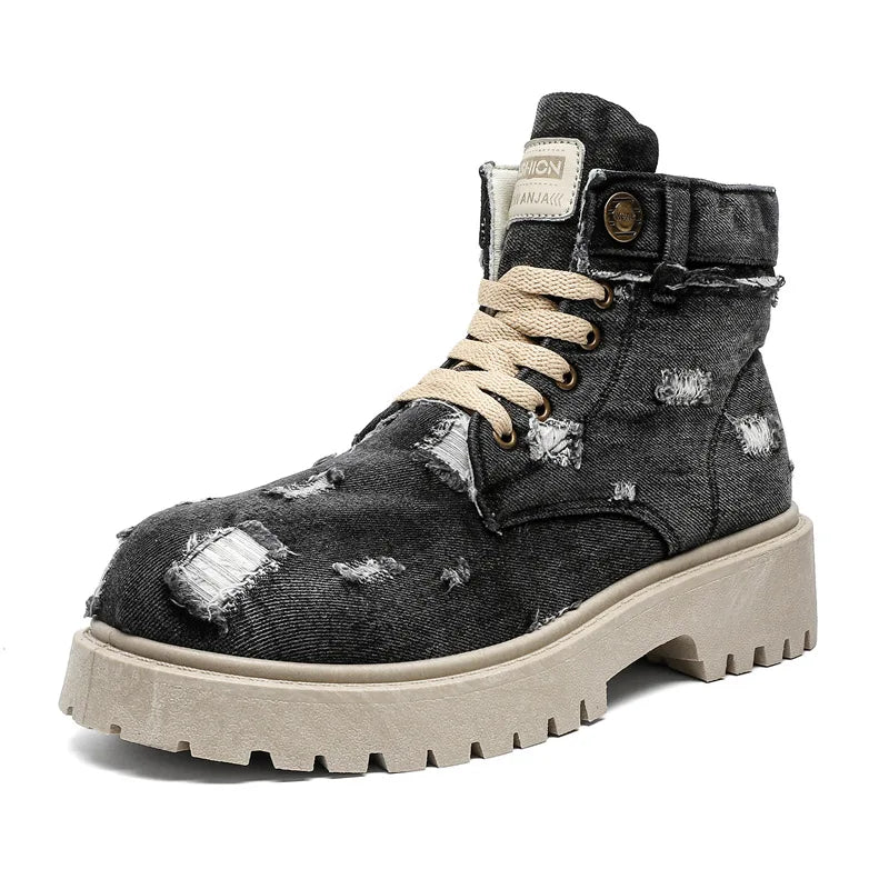 VOIDWEAR SIGNAL_VANISH_12 ☰ men’s denim ankle boots with lace-up closure, EVA insole, rubber outsole, ritual-inspired streetwear design. Black distressed denim boot with beige laces and sole on a white background