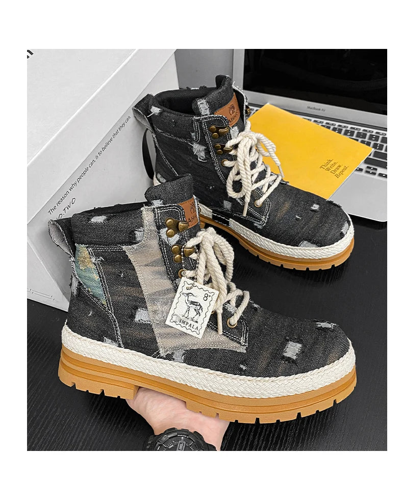 VOIDWEAR SIGNAL_VANISH_07 ☰ men’s black denim and leather ankle boots with lace-up closure, ankle strap, and ritual-inspired streetwear design