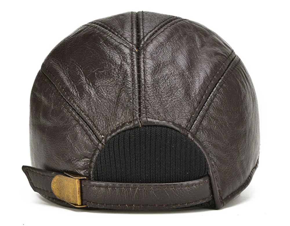 VOIDWEAR SIGNAL_VANISH_07 real cowhide leather earflap cap with adjustable visor, designed as ritual-inspired streetwear for urban shadow gear