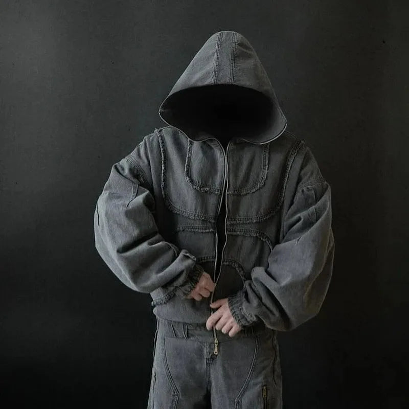 VOIDWEAR SIGNAL_VANISH_05 ☰ hoodie shown worn in New York summer alleyway, signal glyph visible on left sleeve.