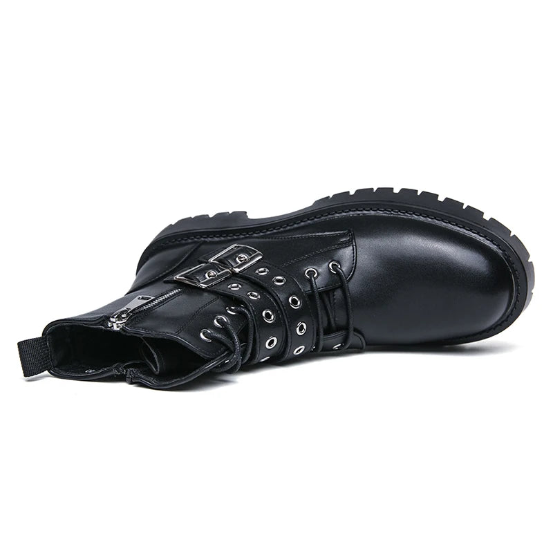 VOIDWEAR SIGNAL_VANISH_07 ☰ Shadow Strider Boots, split leather with EVA sole, winter streetwear for men. Black leather boot with grommets on a white background.