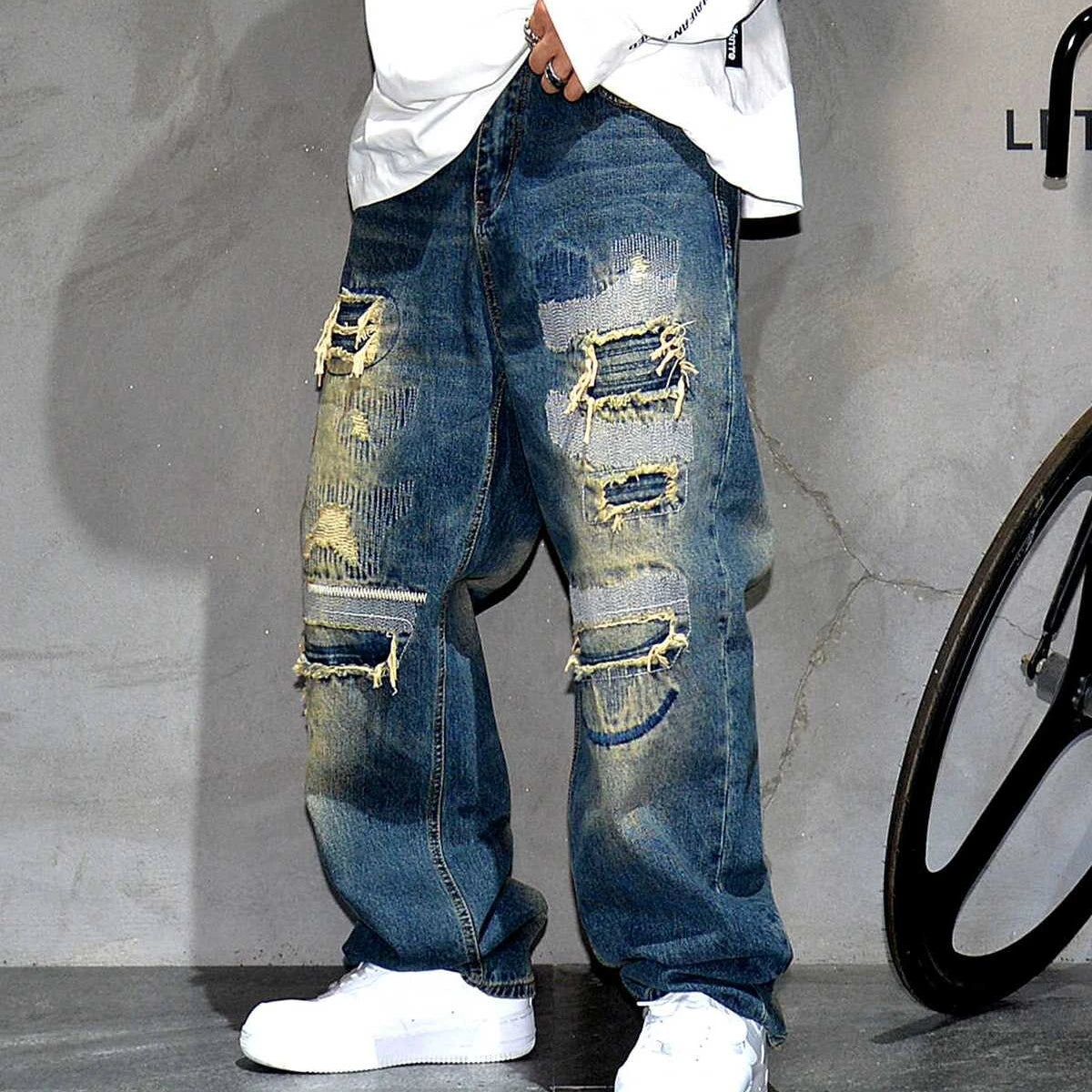VOIDWEAR VDR_VANISH_05 ☰ baggy ripped patch jeans with distress wash, hip hop fit, ritual-coded glyph embroidery