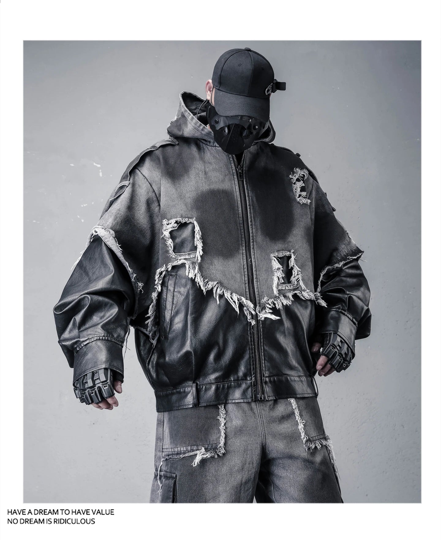 VOIDWEAR VDR_VANISH_05 jacket — ritual-inspired denim and PU leather techwear with vanish-mode hood and shadow-motion design