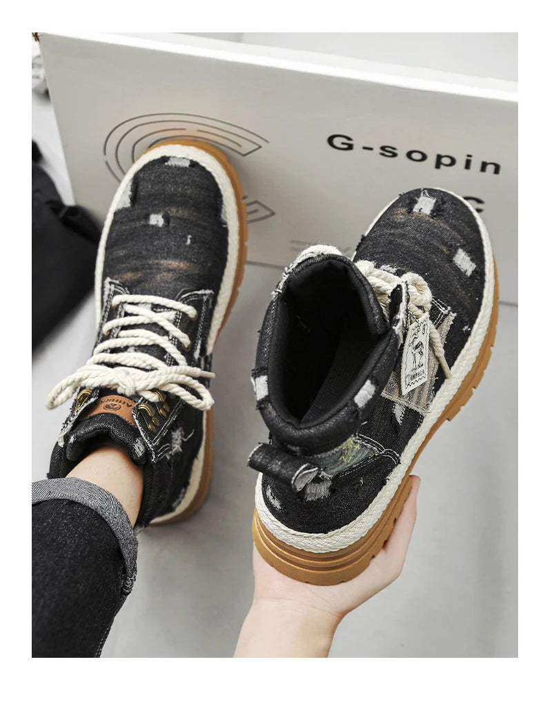 VOIDWEAR SIGNAL_VANISH_07 ☰ men’s black denim and leather ankle boots with lace-up closure, ankle strap, and ritual-inspired streetwear design