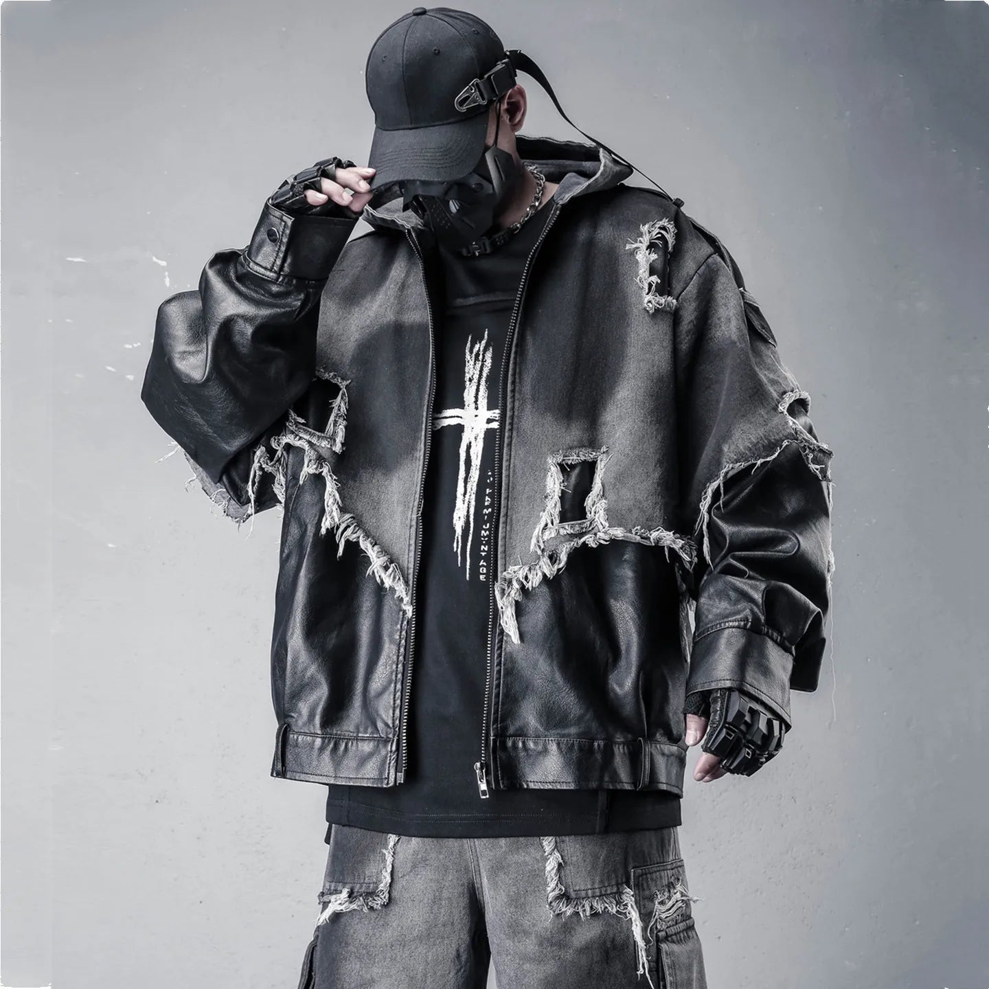 VOIDWEAR VDR_VANISH_05 jacket — ritual-inspired denim and PU leather techwear with vanish-mode hood and shadow-motion design