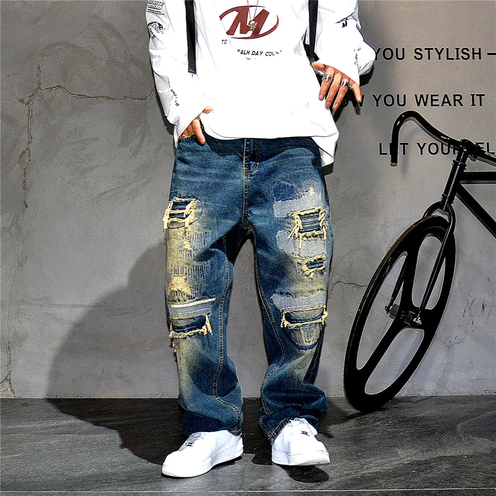VOIDWEAR VDR_VANISH_05 ☰ baggy ripped patch jeans with distress wash, hip hop fit, ritual-coded glyph embroidery