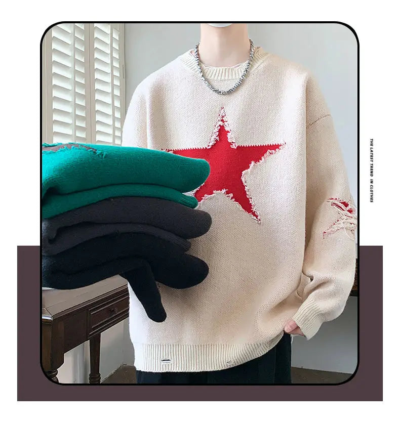 VOIDWEAR SIGNAL_AETHER_07 ☰ five-star knit sweater worn in Tokyo night street; geometric pattern glowing under neon light