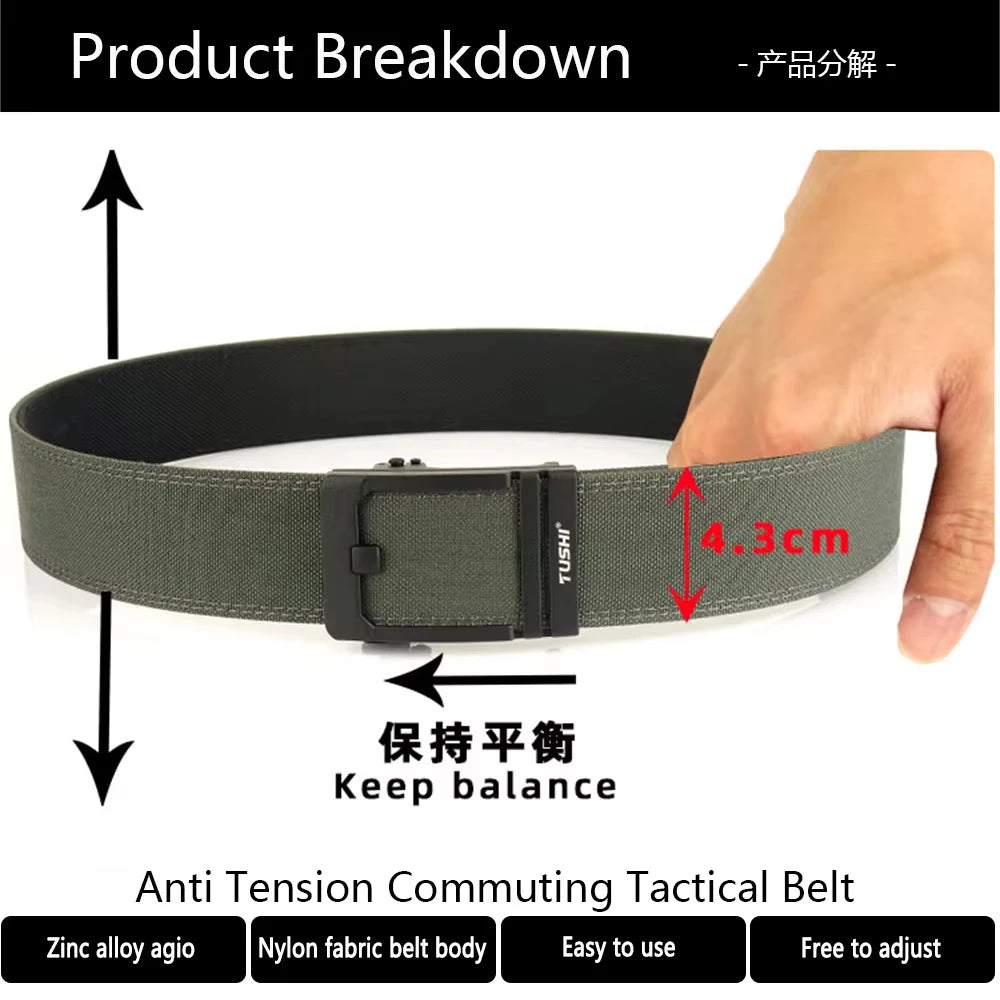Green tactical belt with black buckle held by a hand, labeled with product features.