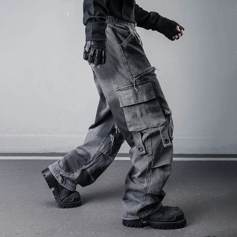 VOIDWEAR SIGNAL_THREAD_07 ☰ wide-leg denim jeans styled in Los Angeles street set, tie-dye pattern visible along heavy seam stitching
