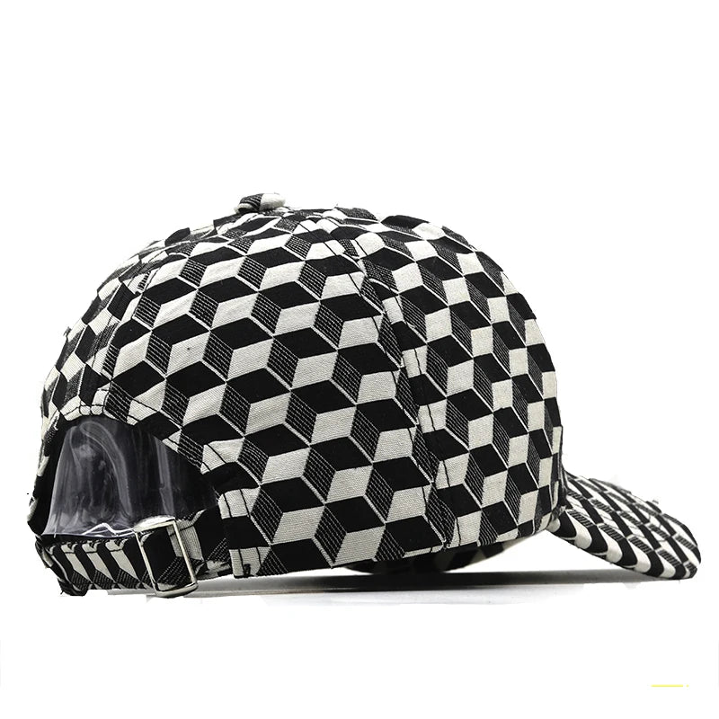 VOIDWEAR SIGNAL_CAP_11 ☰ washed cotton streetwear baseball cap with embroidered glyph and adjustable strap, unisex ritual-inspired headwear. Black and white checkered cap with geometric pattern on a white background
