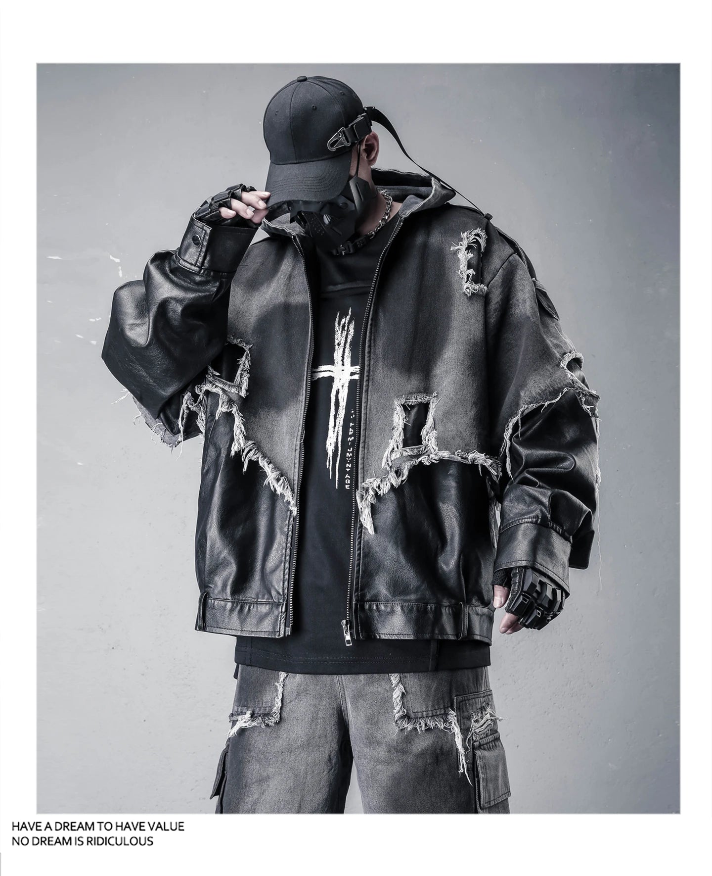 VOIDWEAR VDR_VANISH_05 jacket — ritual-inspired denim and PU leather techwear with vanish-mode hood and shadow-motion design