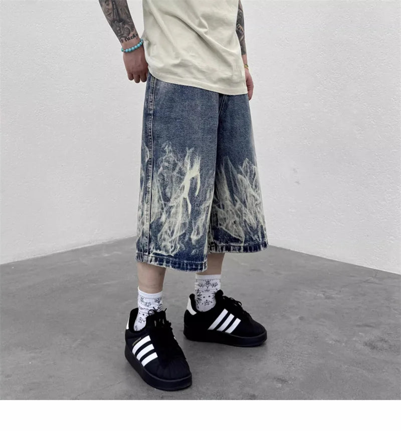 VOIDWEAR VDR_VANISH_08 Flare flame graphic baggy denim shorts, washed Y2K streetwear style, patch pockets, signal glyph